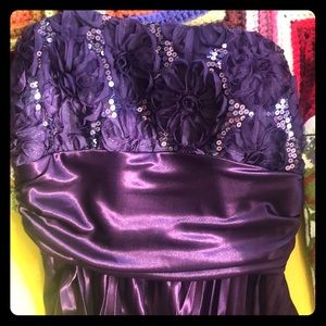 Long, strapless, purple bridesmaids dress, prom